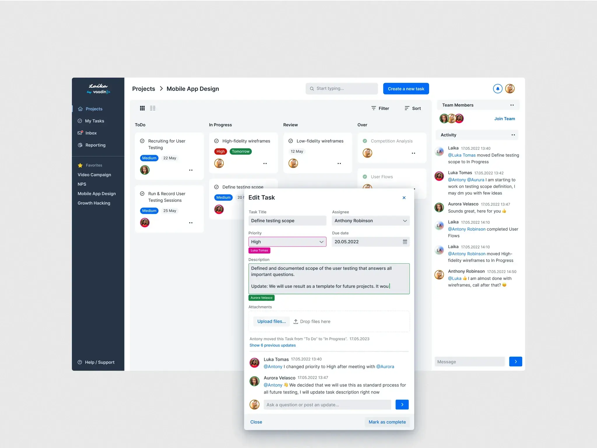 Laika kanban board for a 'Mobile App Design' project with an open Edit Task panel showing assignee, priority, due date, and an activity feed.