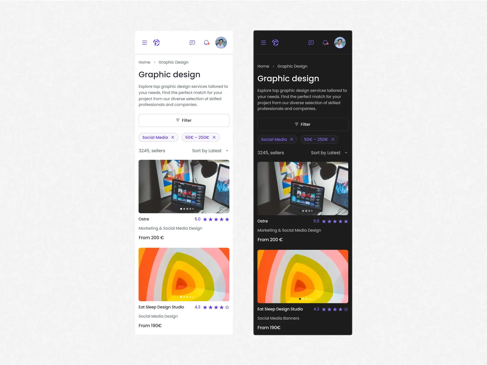 Flexifind graphic-design page in responsive mobile views, light and dark themes side by side.