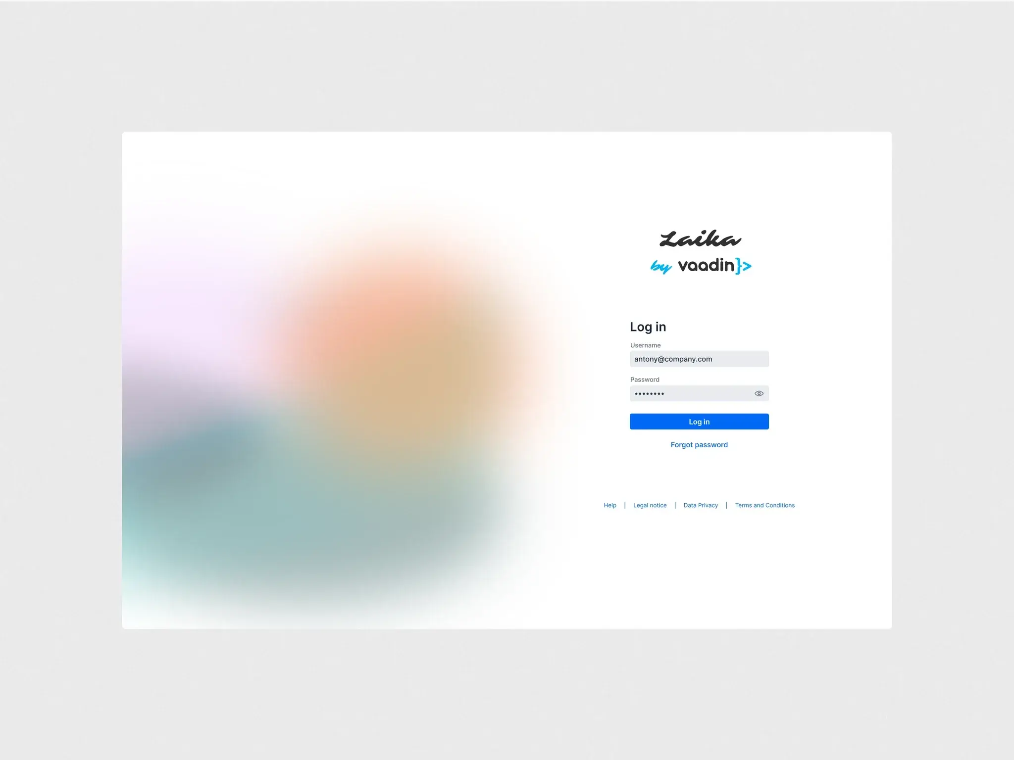 Laika login screen — the 'Laika by Vaadin' logo over a soft gradient with username and password fields.
