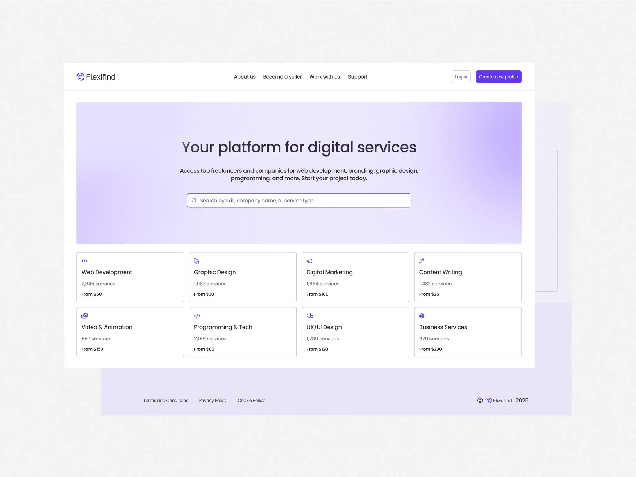 Flexifind home page — 'Your platform for digital services' with a search bar and service-category cards.