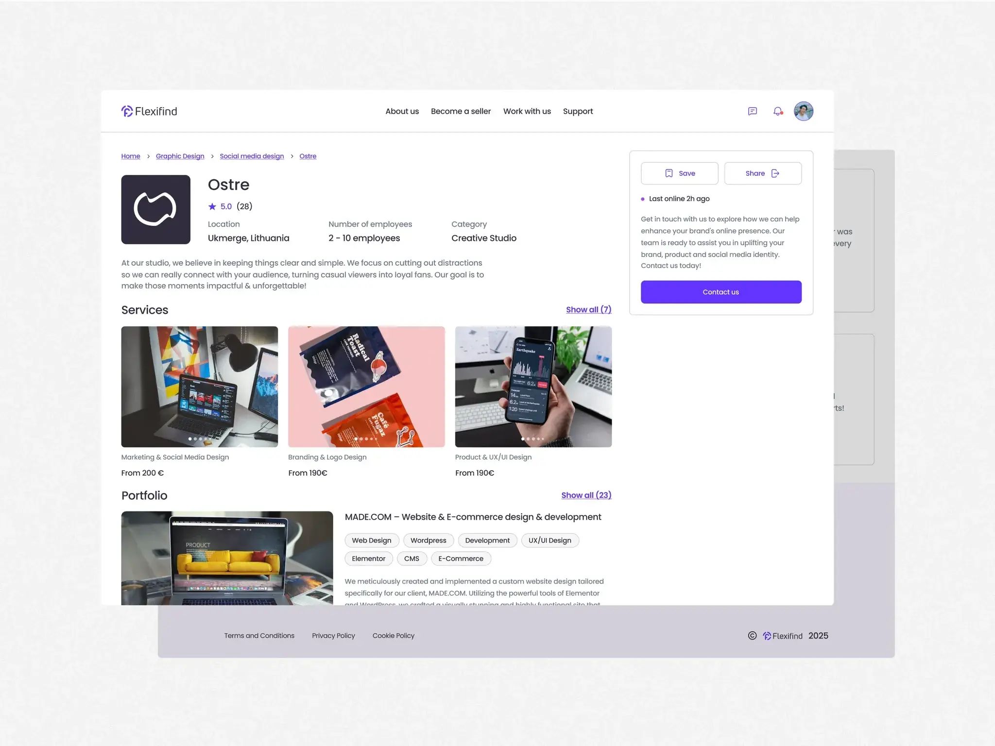 Flexifind service-provider profile page showing services, portfolio, and a booking panel.
