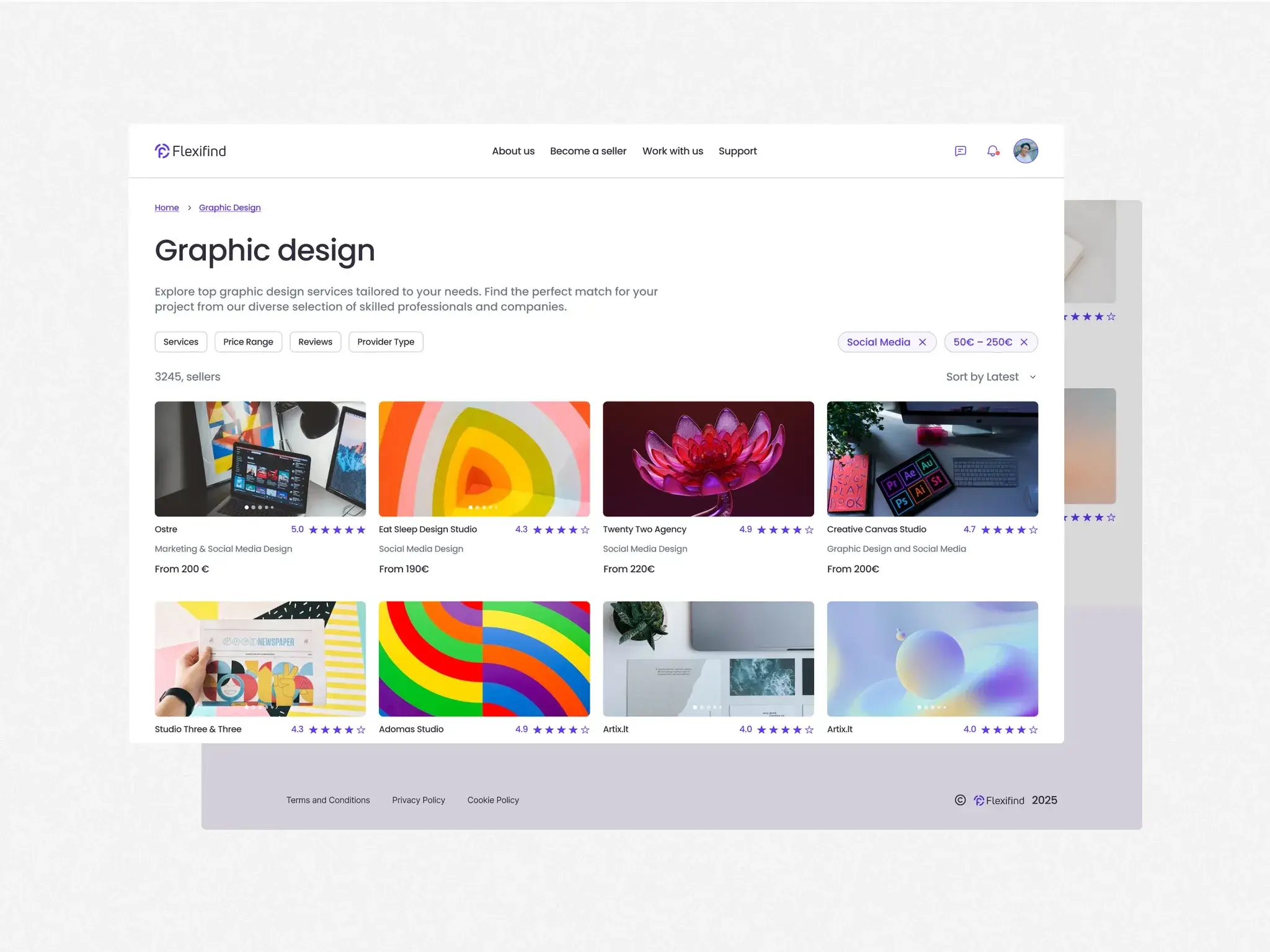 Flexifind graphic-design category page — a filterable grid of service-provider portfolio samples.