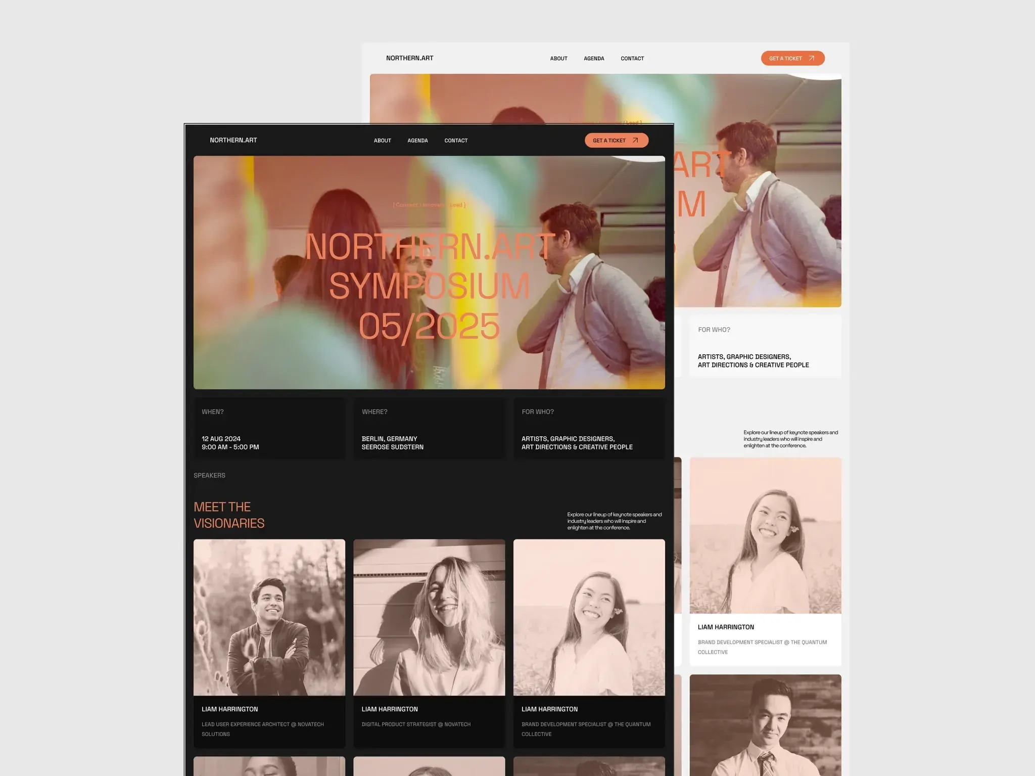 A Sweap-built event registration site previewed in light and dark themes, with a hero banner and a speaker grid.