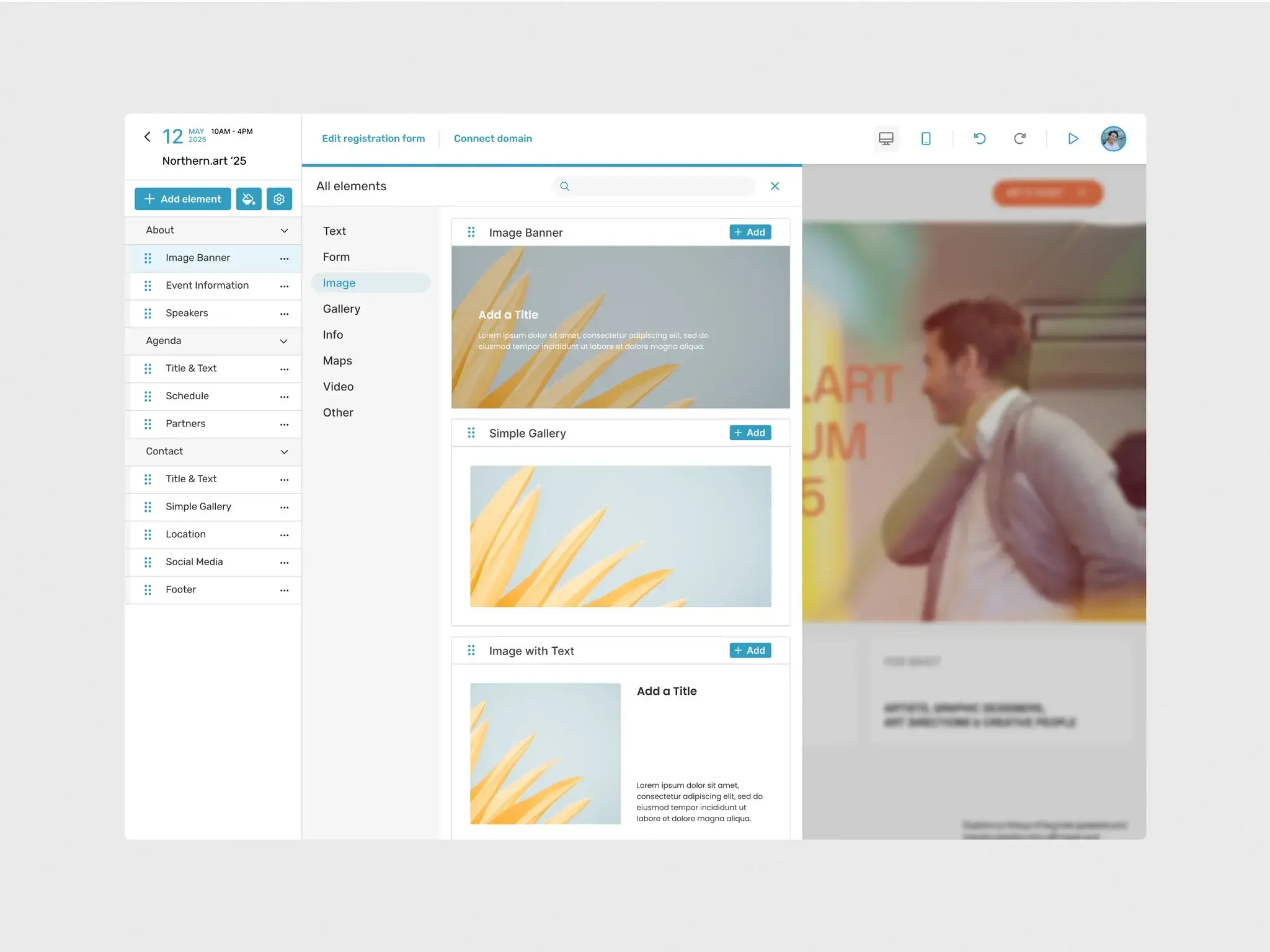 Sweap website builder — a sidebar of page sections, an 'All elements' panel of draggable modules (Image Banner, Gallery, Image with Text), and a live event-site preview.