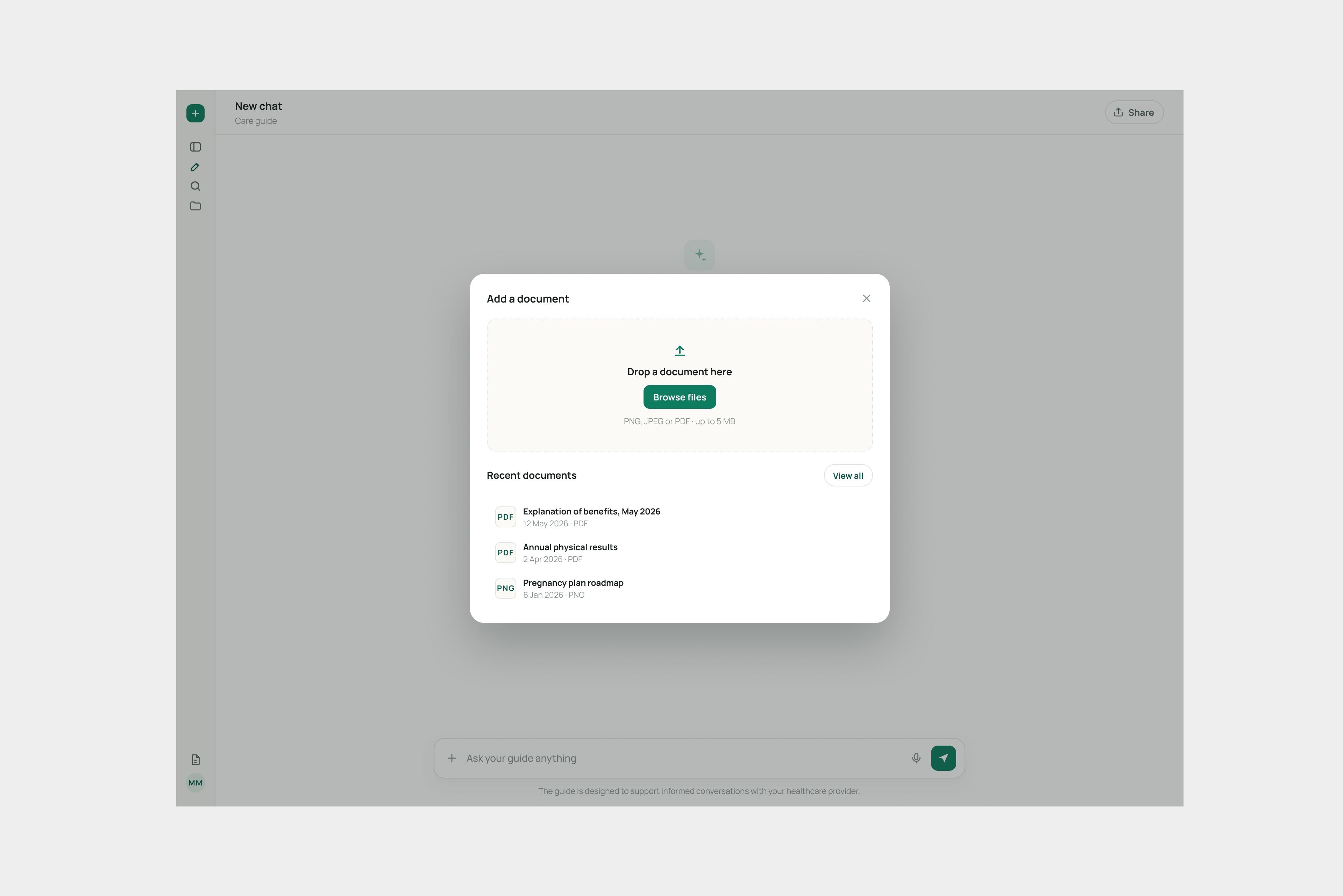 Adding a document: drop a file or pick one of the user’s recent documents.