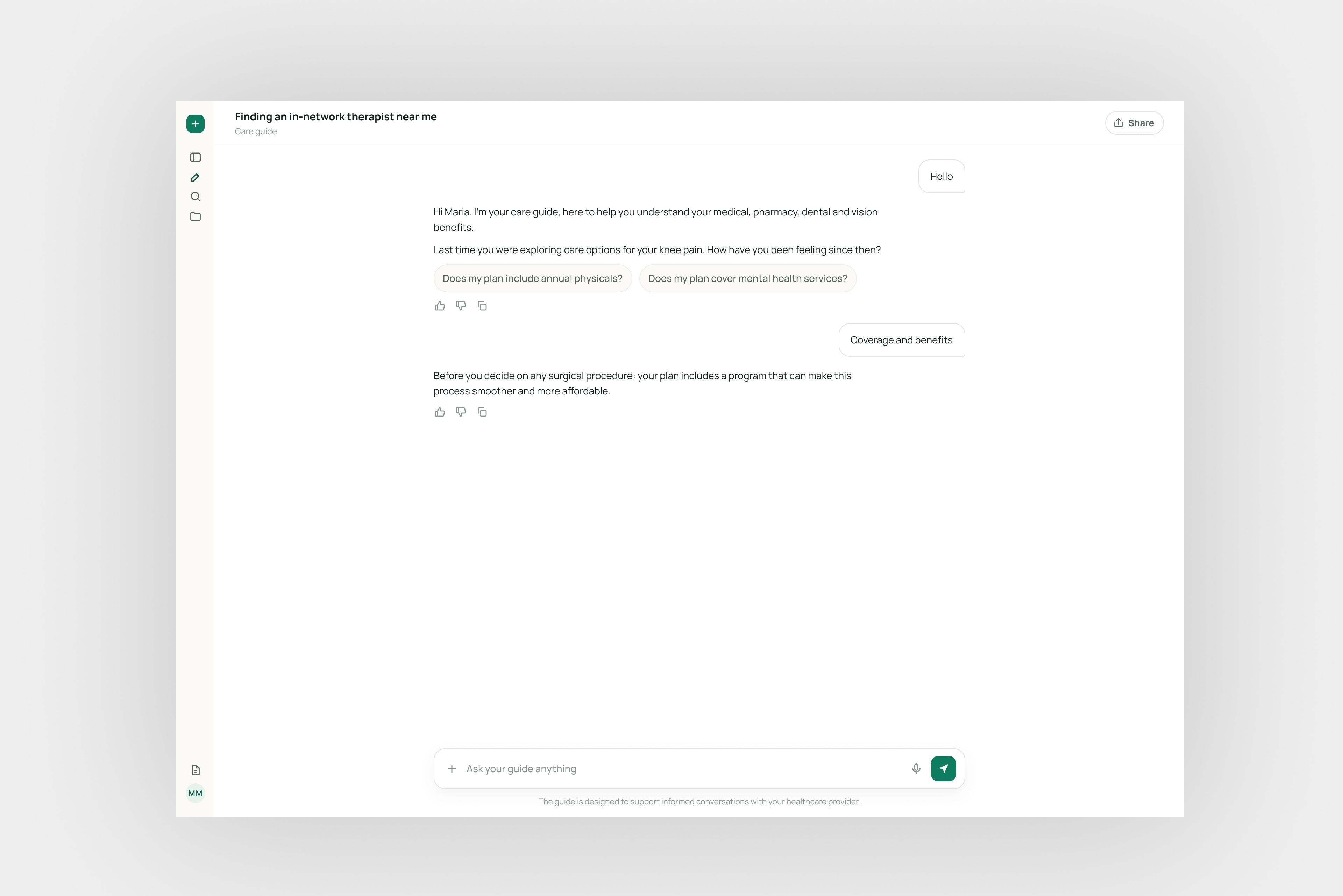 A saved conversation with the sidebar collapsed, so the chat gets the full width.