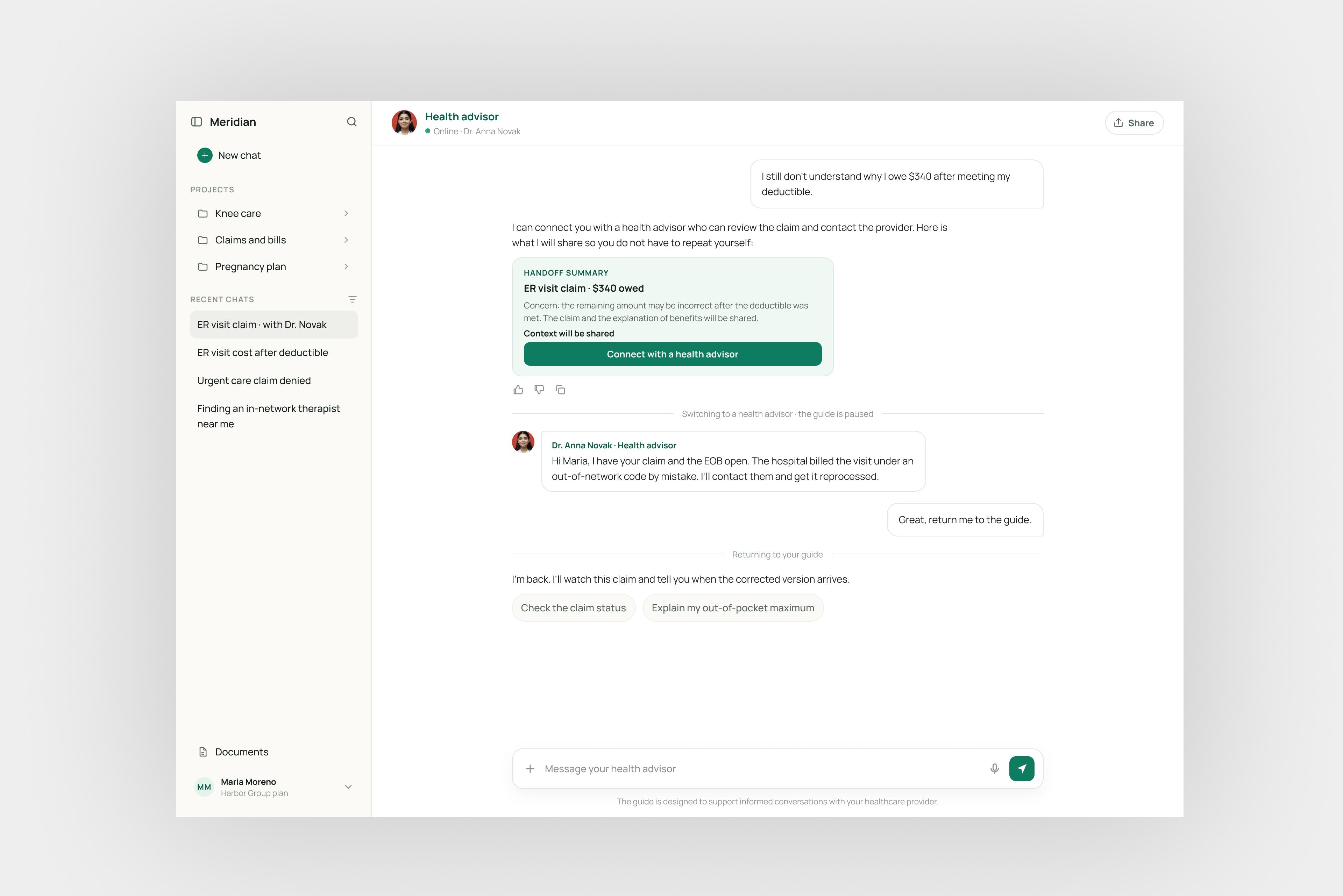 Handoff to a health advisor: a summary of what will be shared, the switch to the advisor, the advisor’s reply, and the return to the assistant.