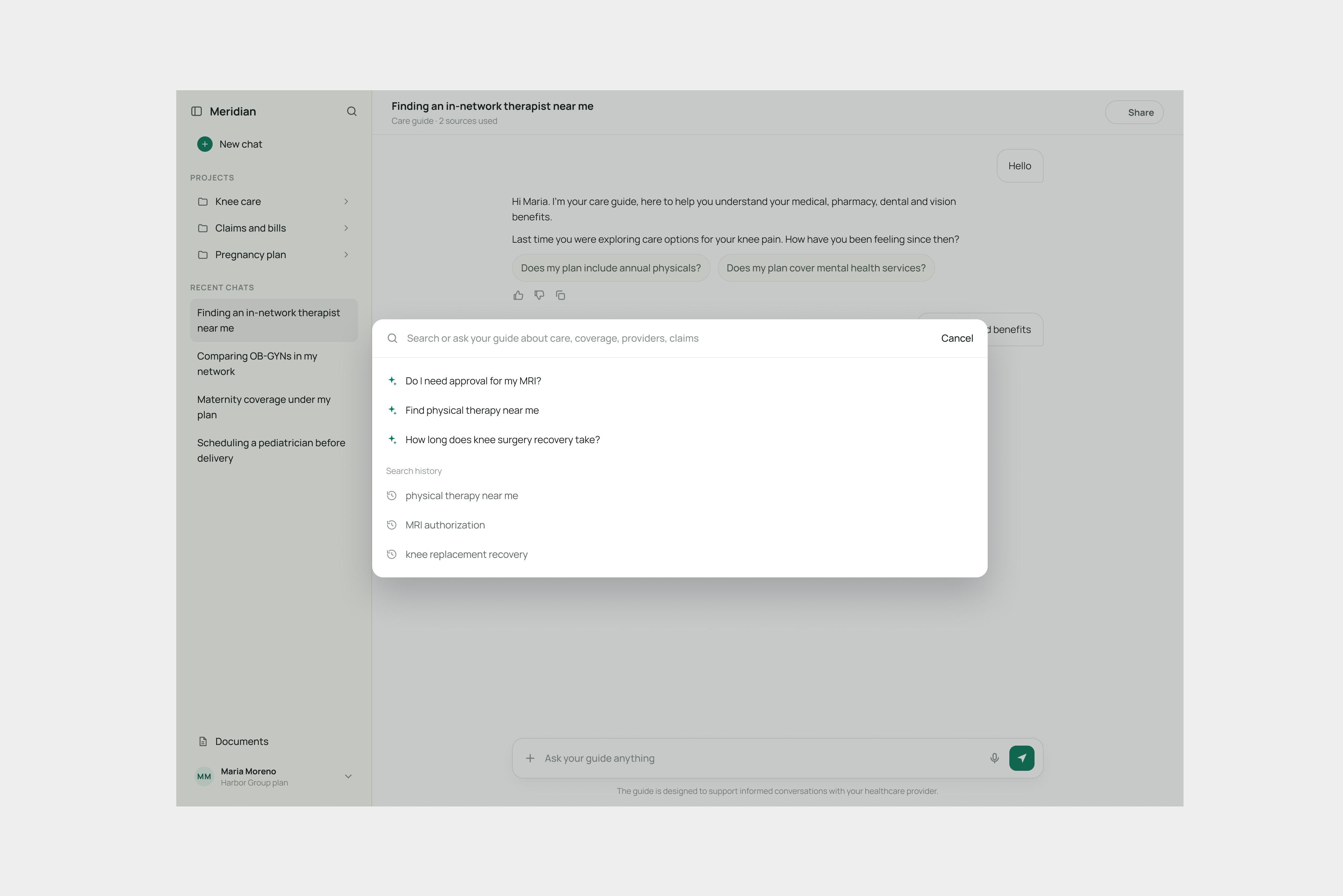 Global search over a conversation: suggested questions the assistant can answer, and recent searches.