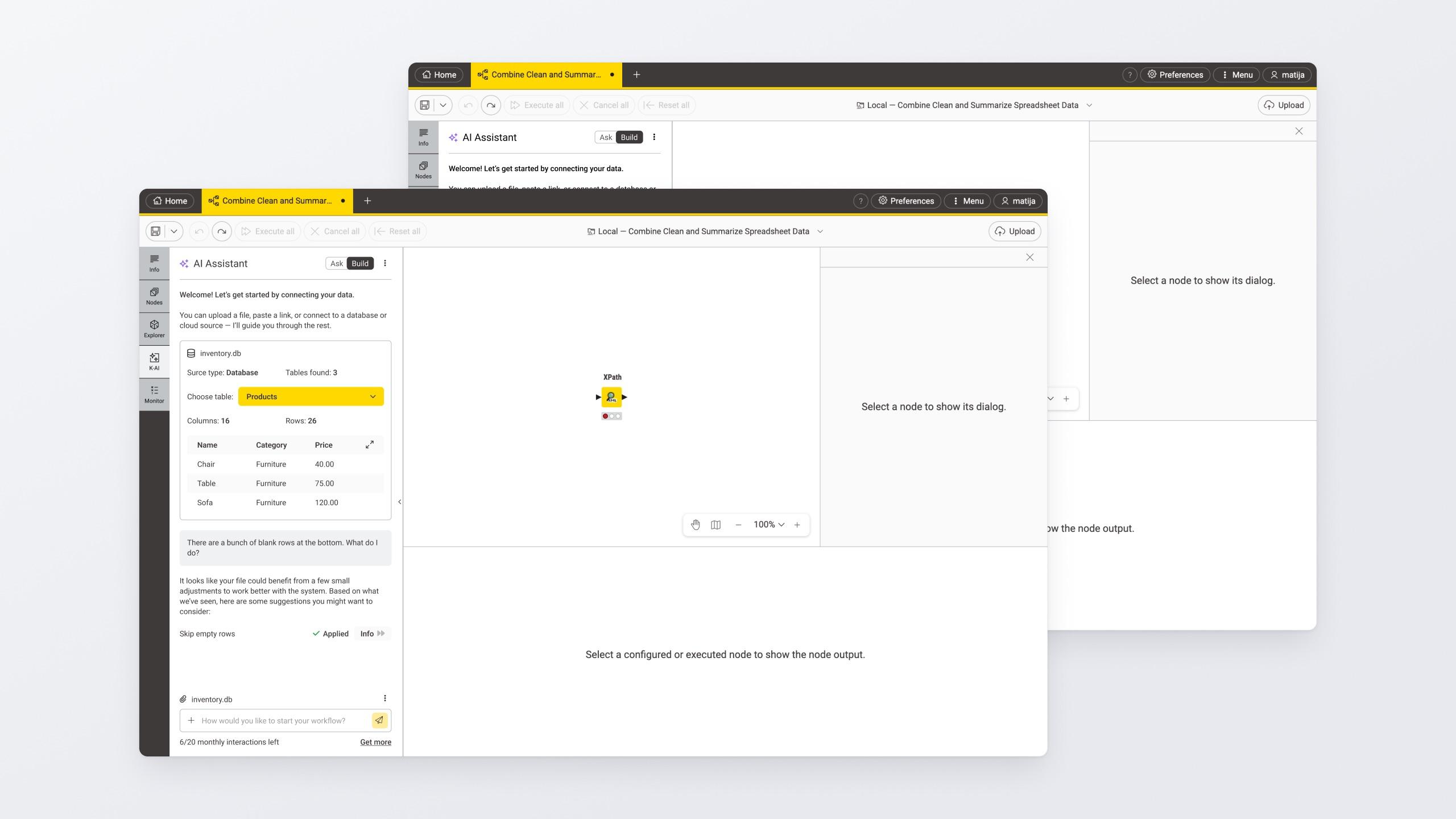 Input File with a real preview and suggested settings, each with Apply and Info. The applied state stays visible.