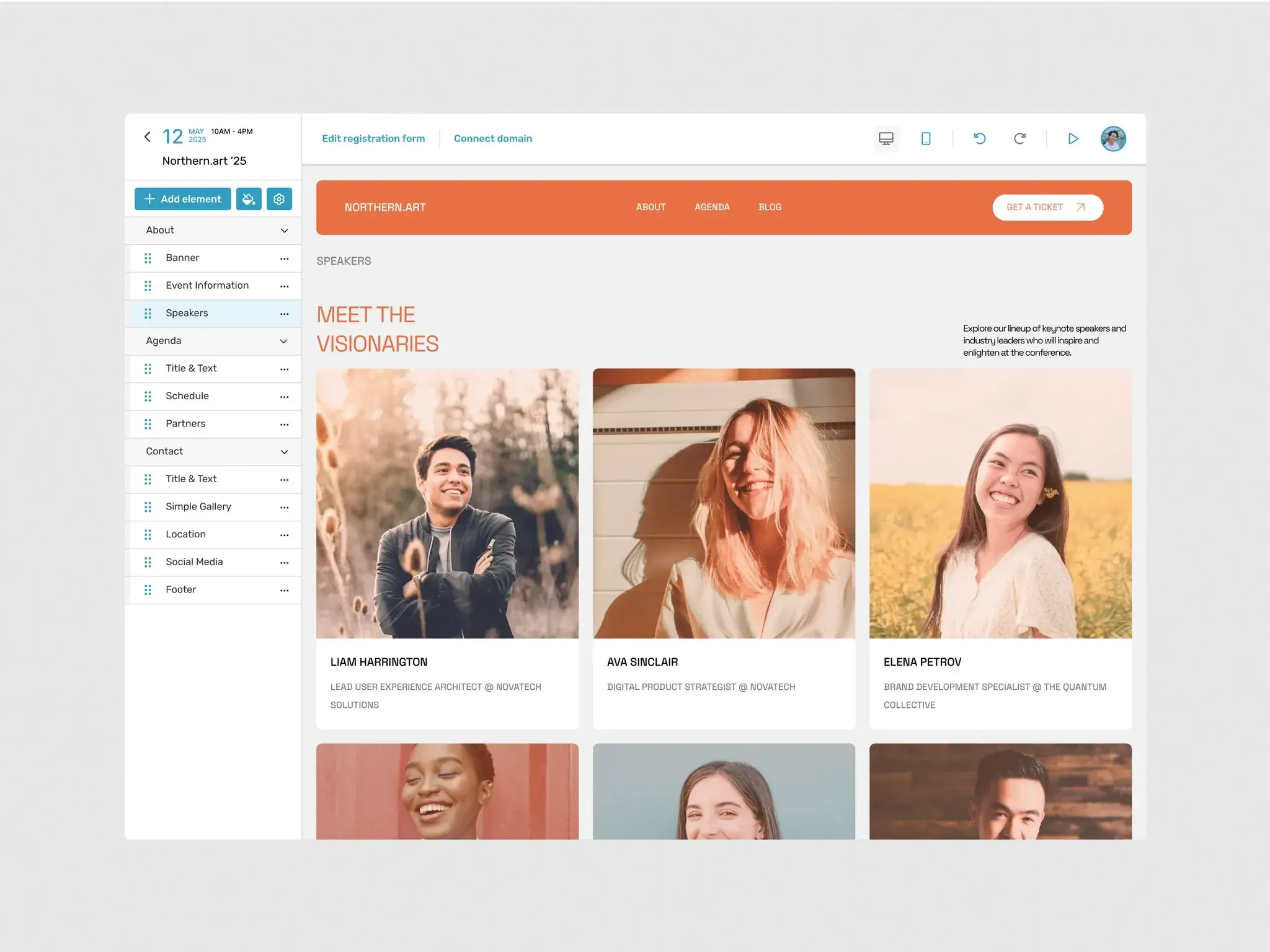 Sweap builder editing a 'Meet the visionaries' speaker section — a three-column grid of speaker photos and names.