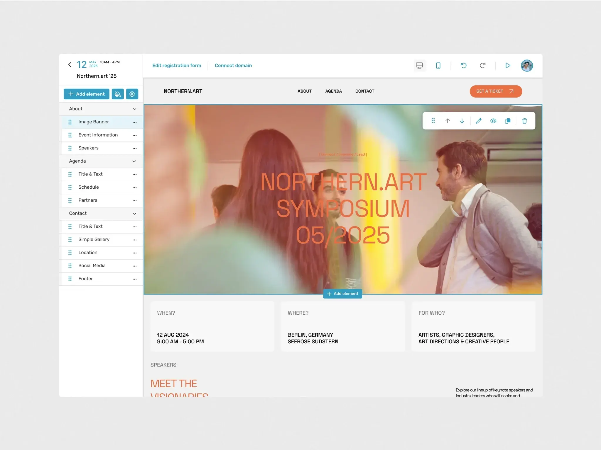 Sweap builder canvas editing the 'Northern.art Symposium' event registration page with a banner-image hero.