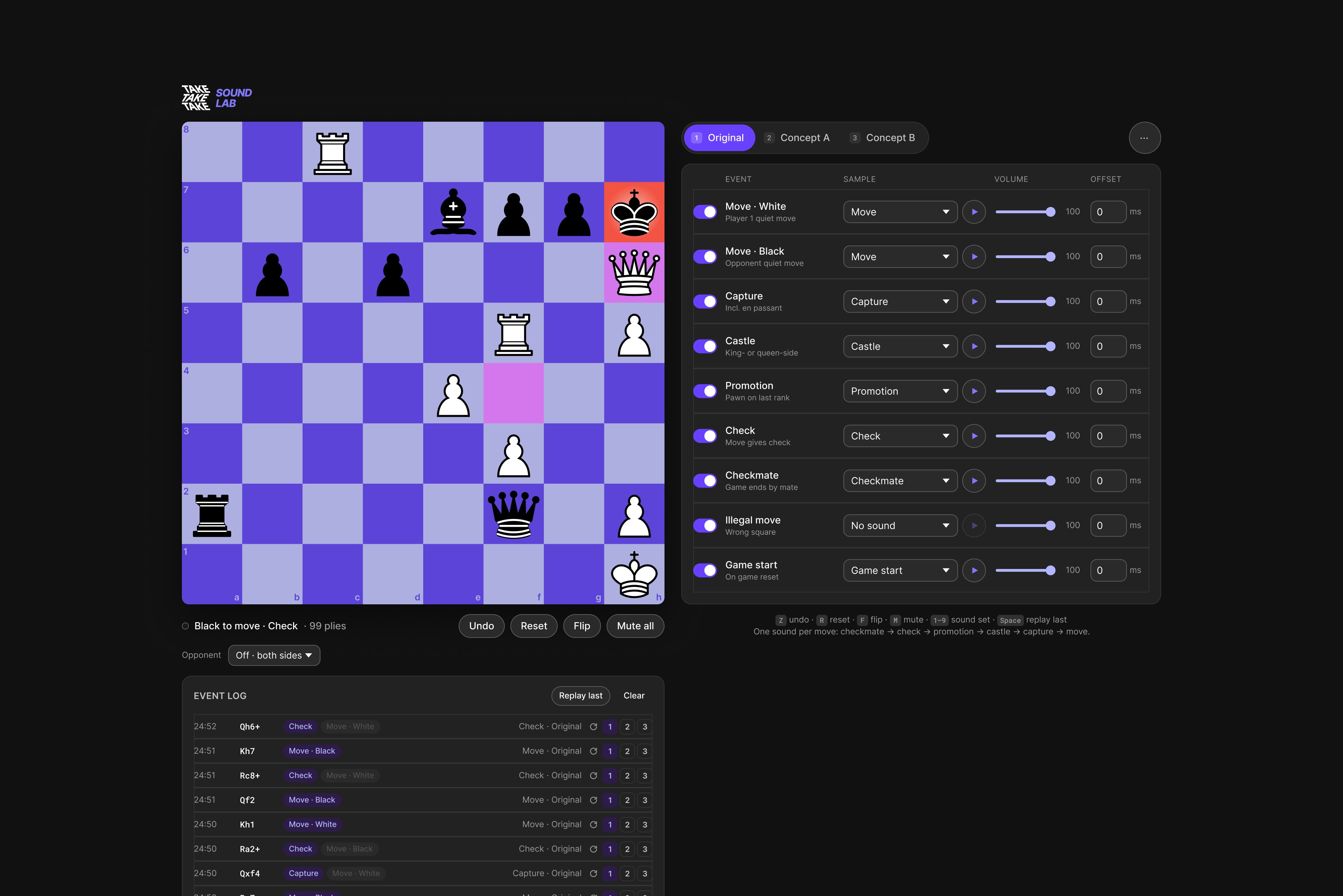 Take Take Take Sound Lab: the final position of Carlsen–Karjakin 2016 after 50.Qh6+, with the sound settings for each chess event on the right
