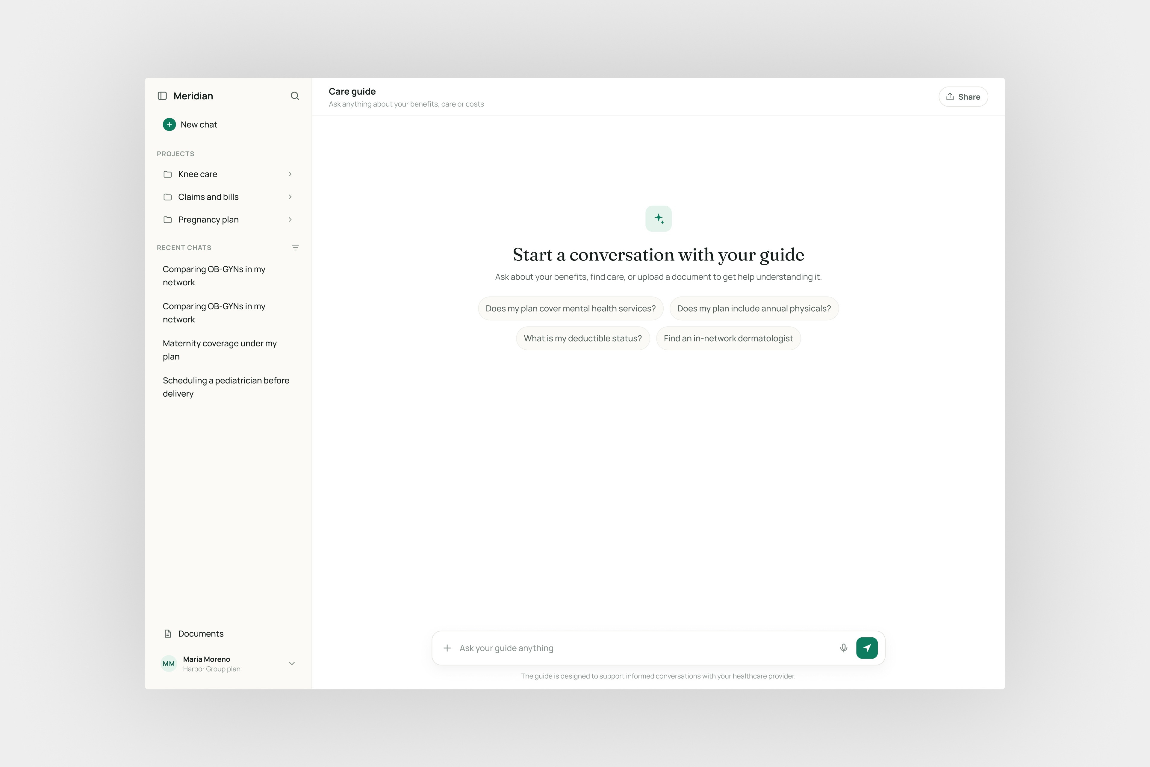 The care guide concept: a new chat with projects and recent chats in the sidebar, suggested questions and the input field