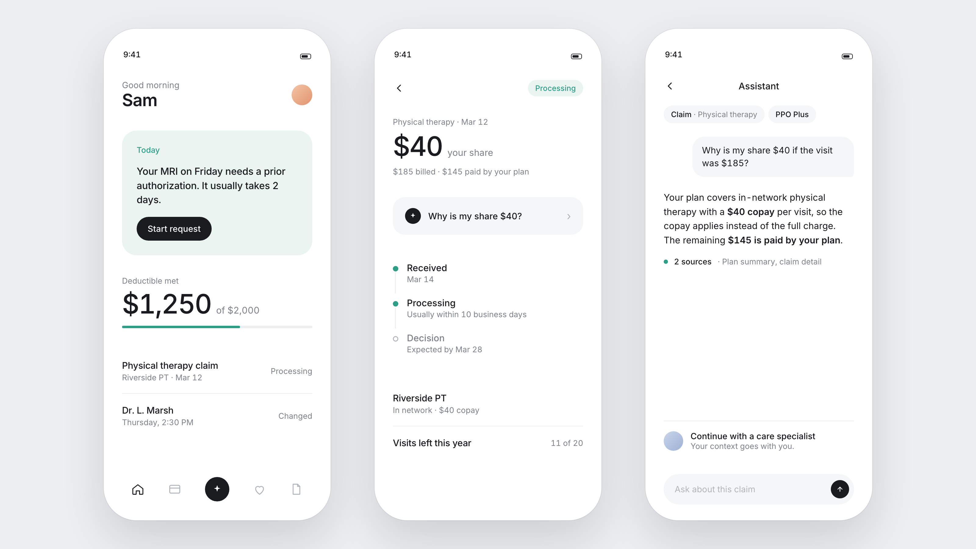 Three React Native screens of an illustrative healthcare navigation app: home with today's brief and deductible, a claim detail with a contextual assist and timeline, and an assistant conversation with evidence and a hand-off to a care specialist. Fictional product, redrawn for this page.