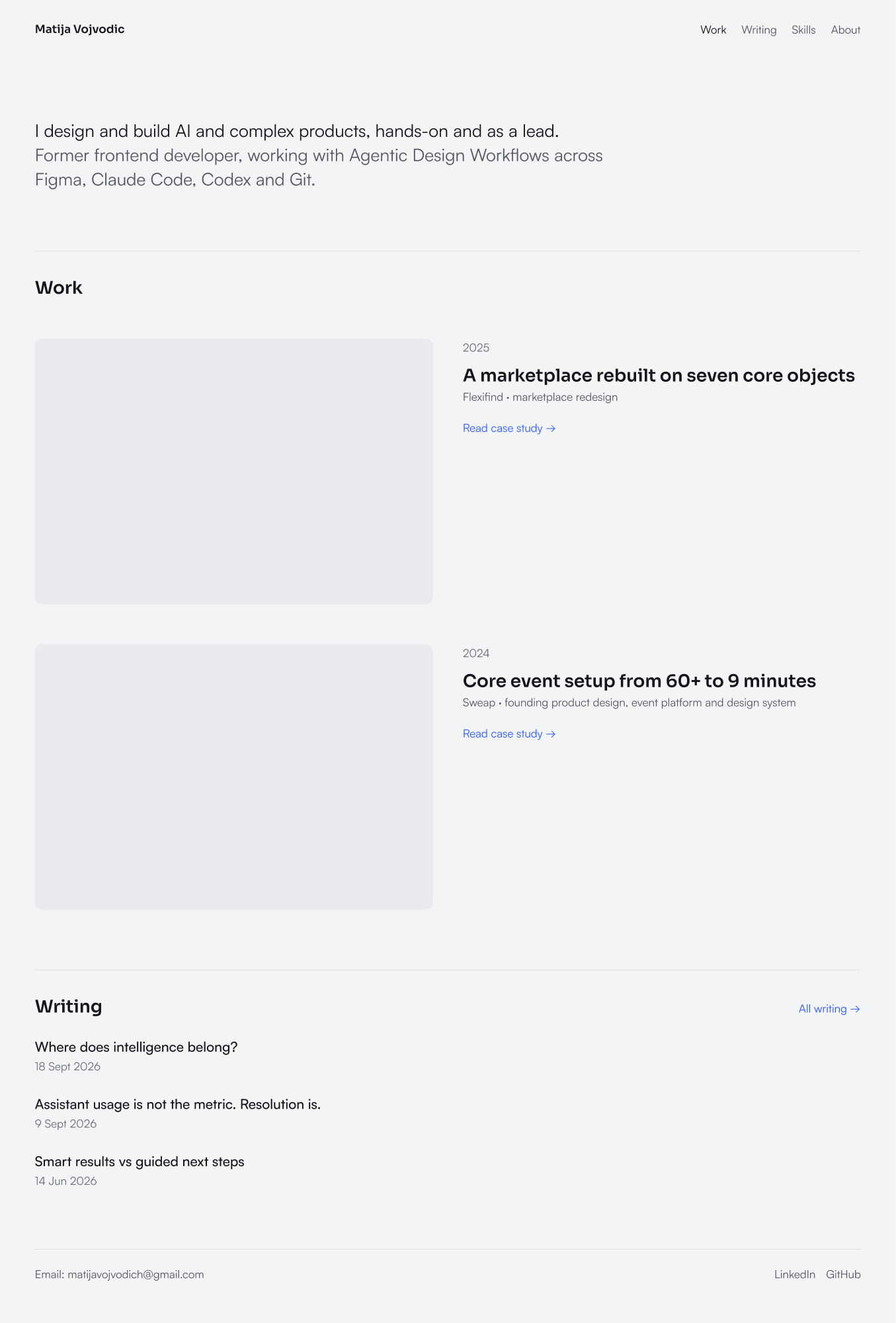 This site's home page composed in Figma from the website components: navigation, intro, work rows, writing rows and footer.